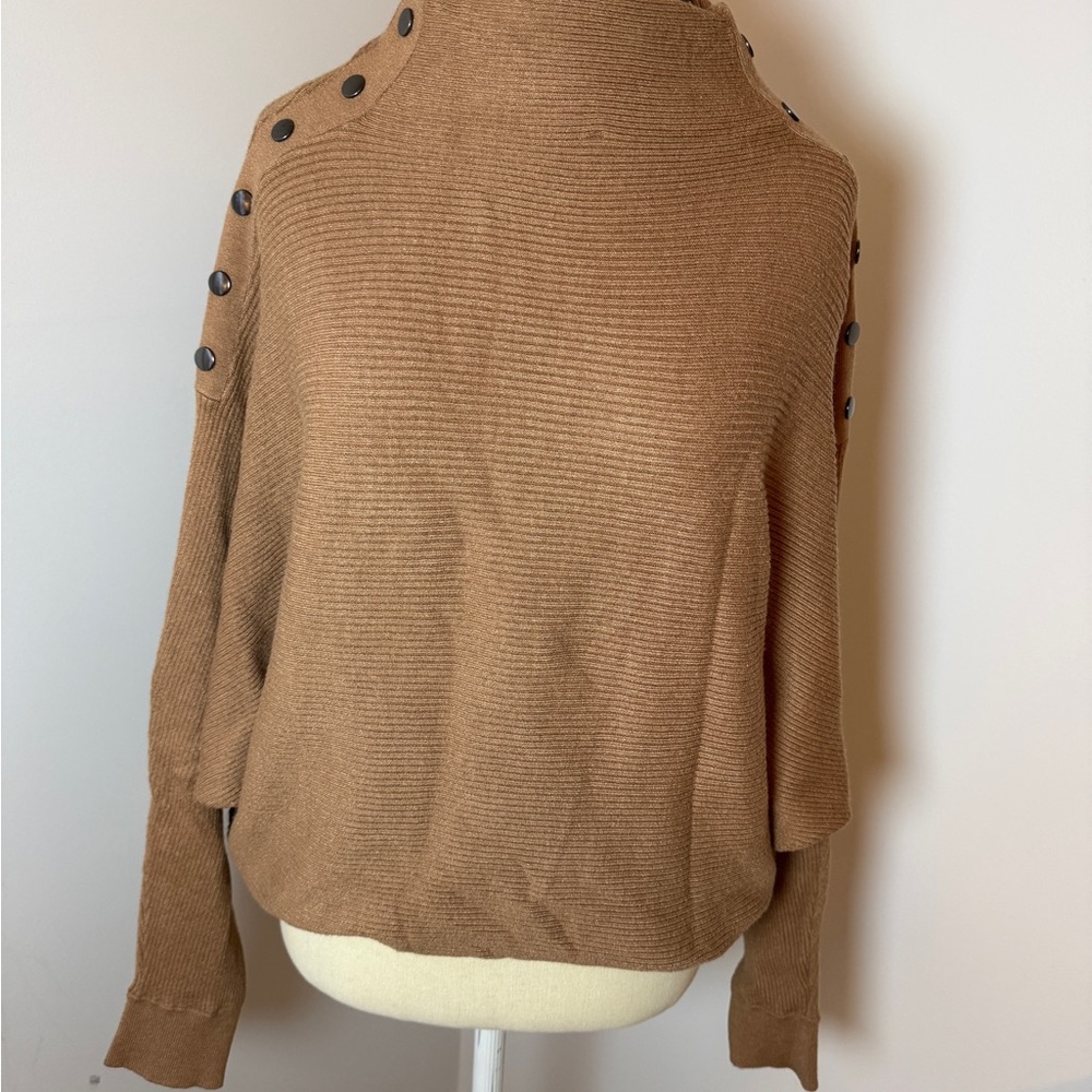 Tahari Camel Button-Accent Turtleneck Sweater Medium